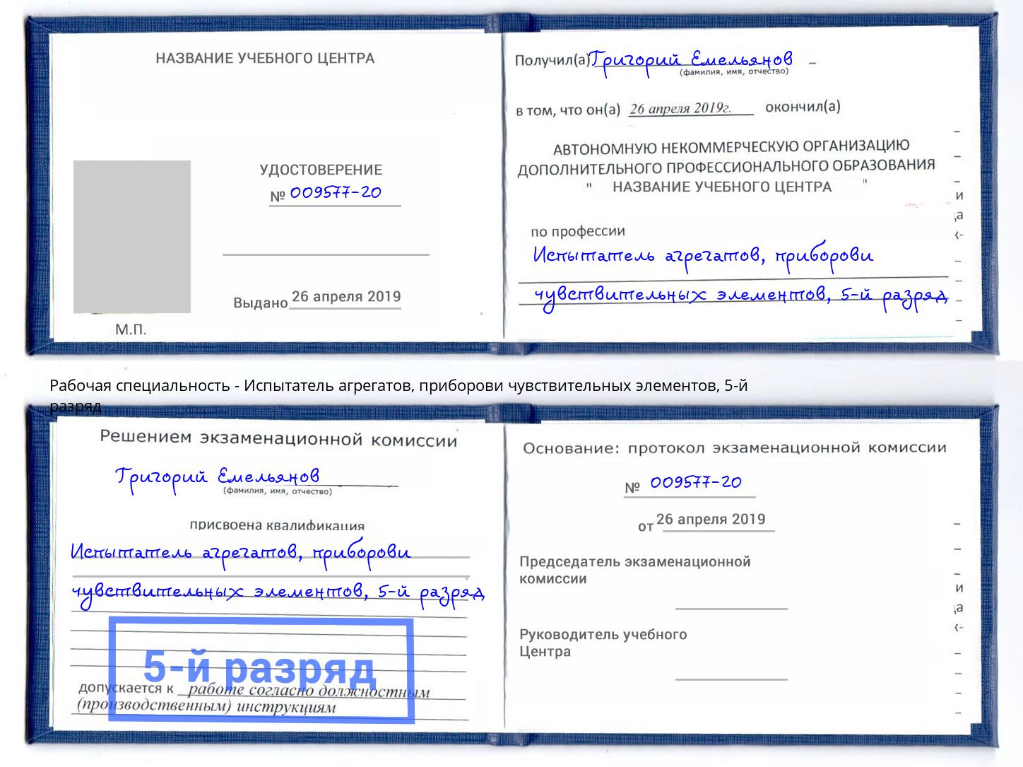 корочка 5-й разряд Испытатель агрегатов, приборови чувствительных элементов Ступино